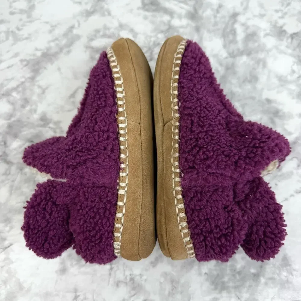 L.L.BEAN Kid’s Cozy Slipper Booties, Pile Fleece Plum Leather Sole Sz 12/13
